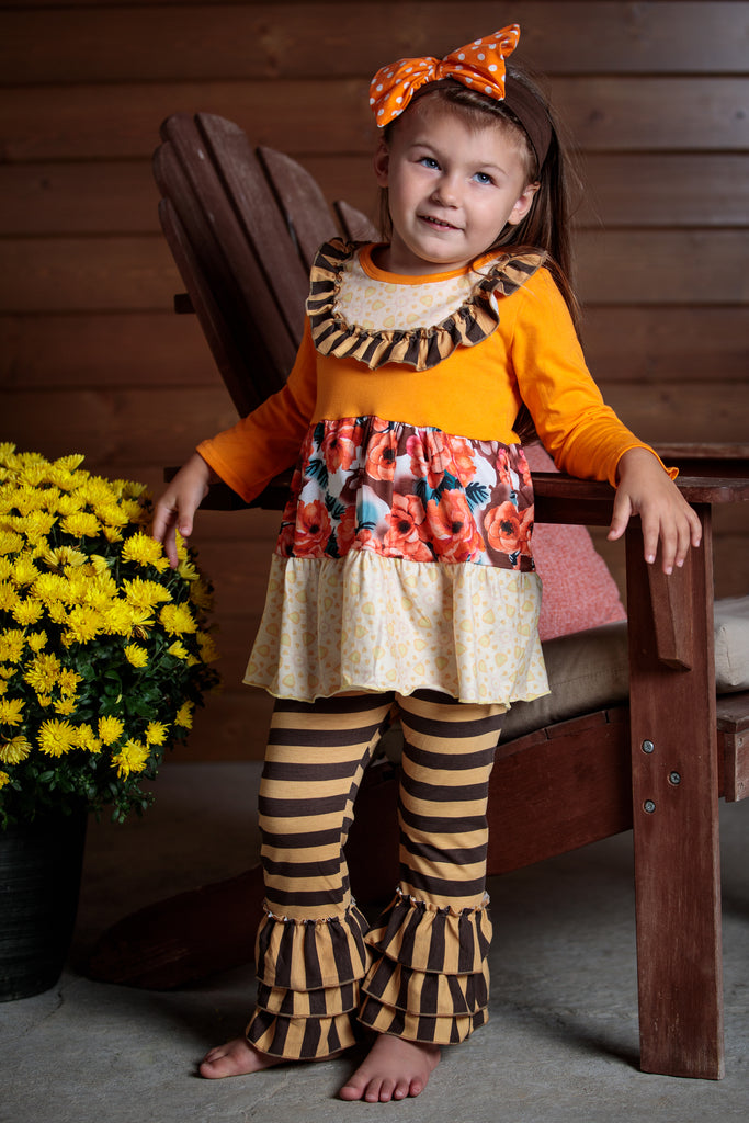 Orange floral top and brown striped leggings. sizes 2T-7T. Ruffles and bold colors make this outfit so beautifully unique.
