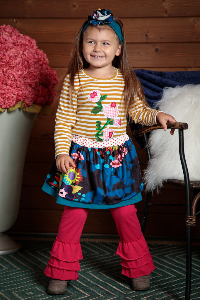 magenta leggins, blue flower skirt and tan striped flower shirt. Sizes 2T-7T. Wear separatley or together.